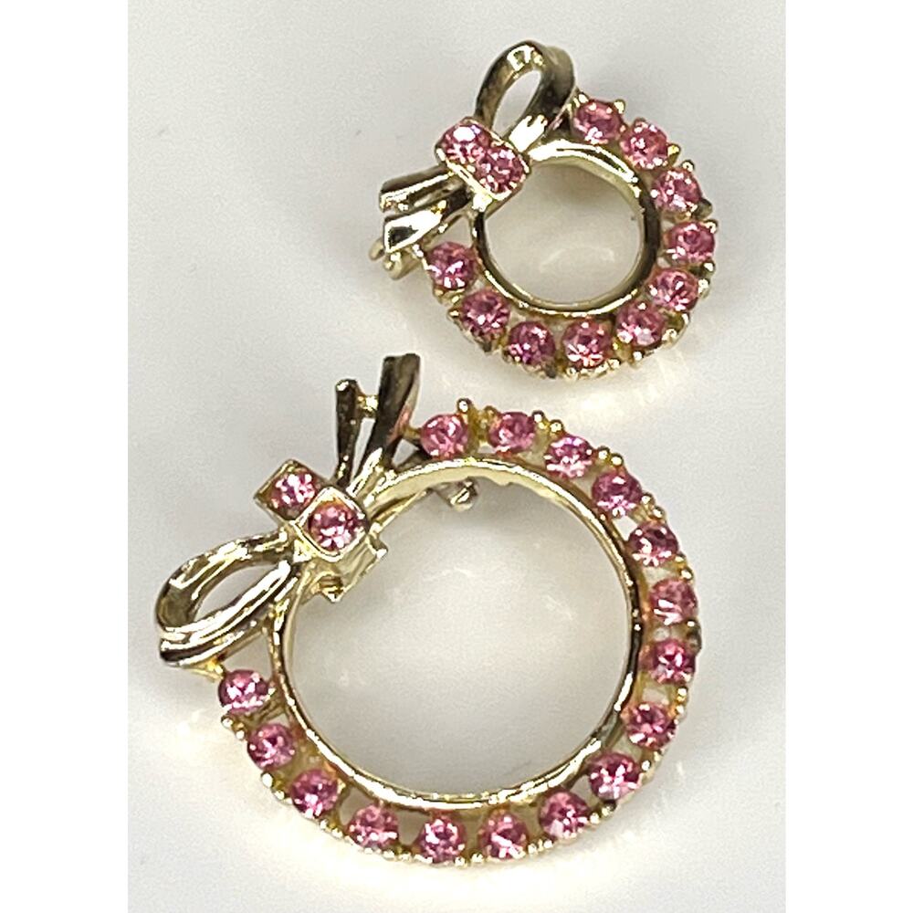 Pink Rhinestone Brooch Set 2 Scatter Pins 1950s Round Gold Pin Pendant Vtg